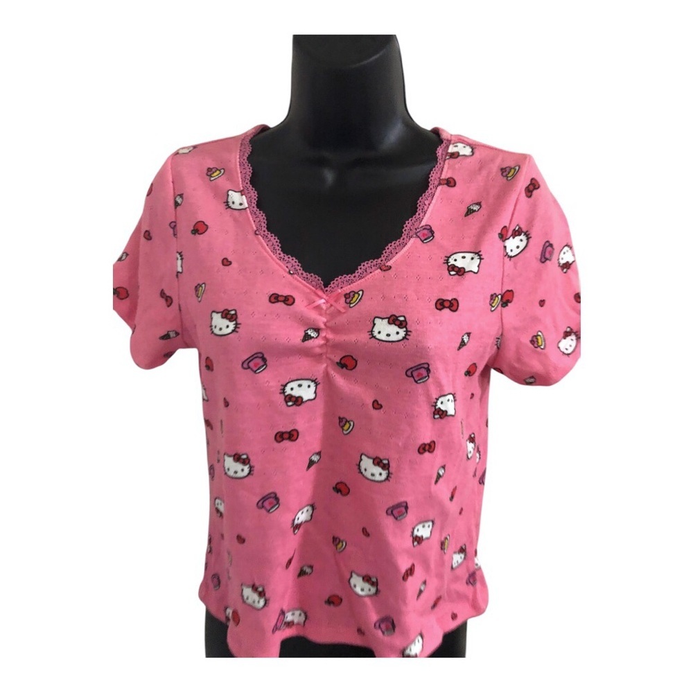 Hello Kitty pink pointelle knit lace trim bow adorned v-neck logo tshirt size XL